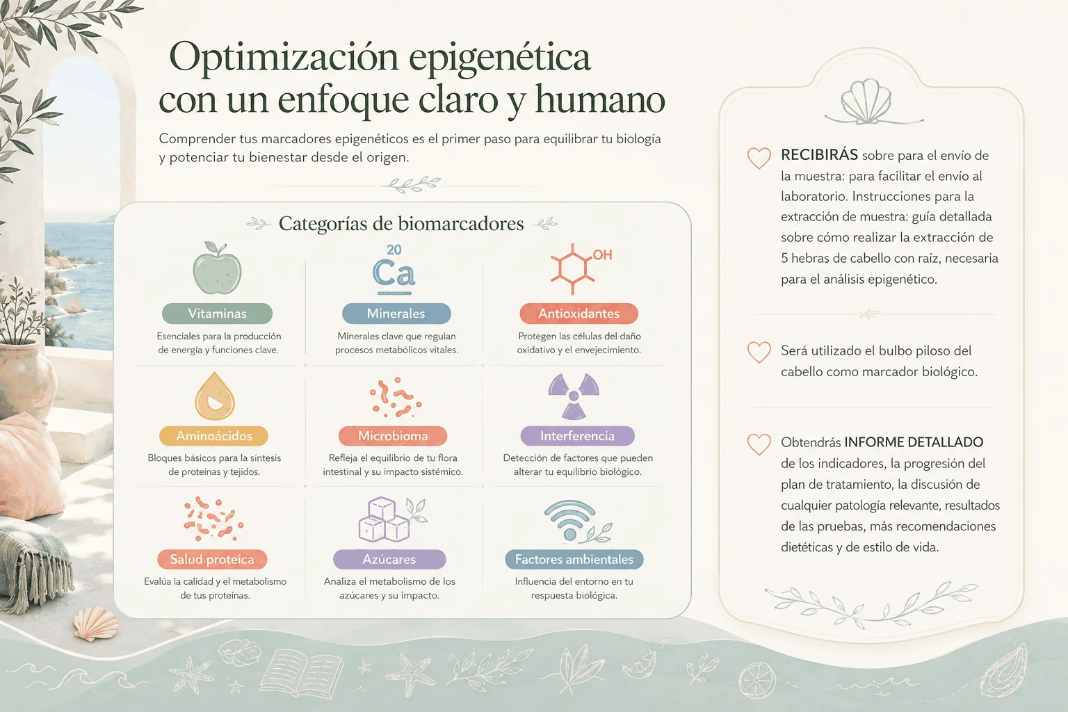 Epigenetic optimisation panel with vitamins, minerals, antioxidants, amino acids, microbiome, proteins, sugars and environmental factors